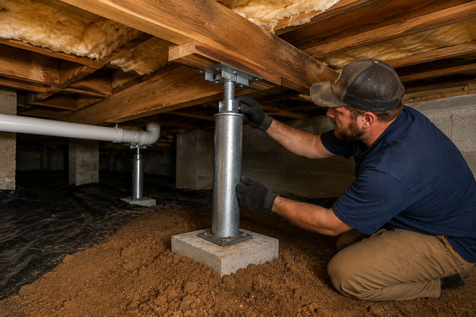 Crawl space technician installing structural support jack in Loganville GA